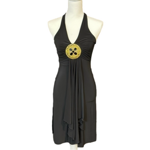 VIZIO‎ Cocktail Dress Asymmetrical Hem Metal Chest Pendant Open Back Black Small